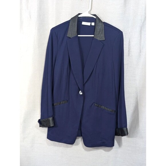 Susan Graver Size 12 Ponte Knit Blue Blazer with Black Faux Leather Trim Career - Picture 13 of 16